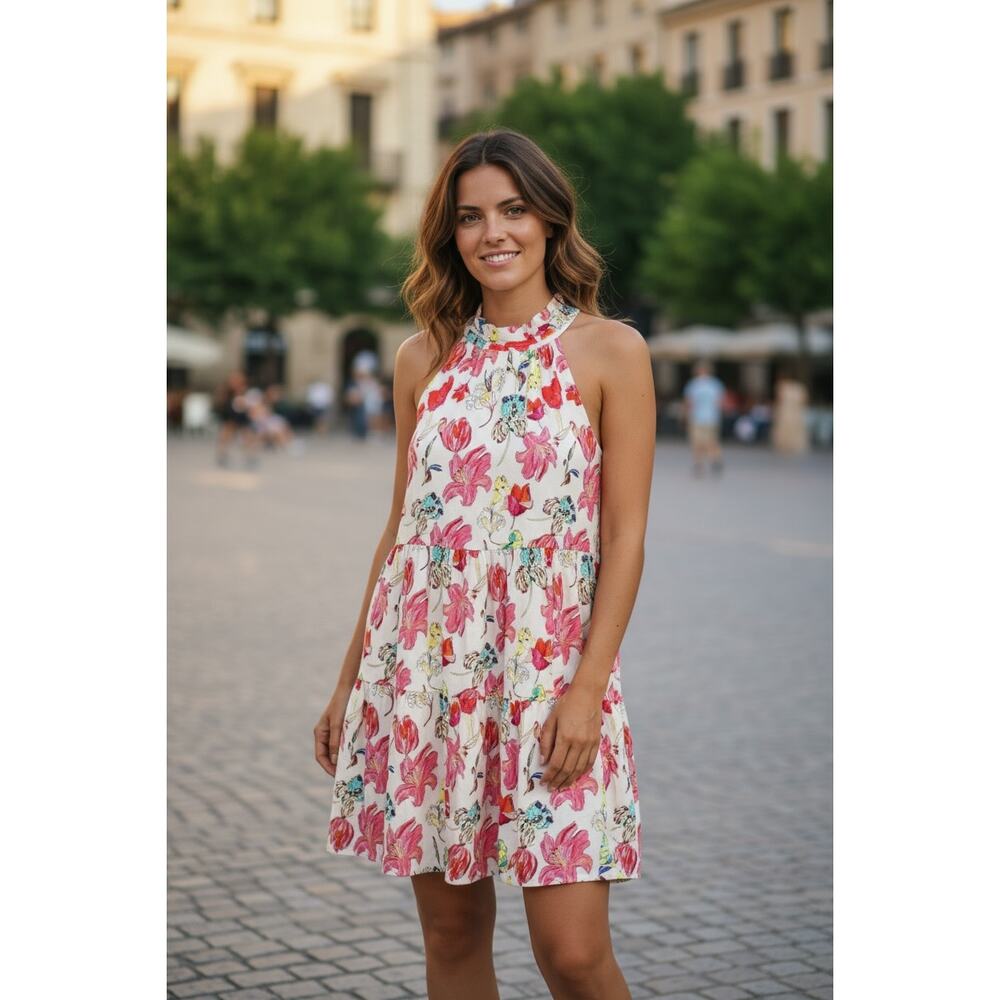 Jade By Melody Tam Elaina halter tiered ruffle topical floral lilies dress M NEW